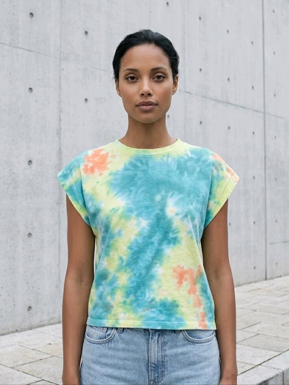 NWT AFRM teal yellow tie-dye tank top w ruched shoulders Sz XS